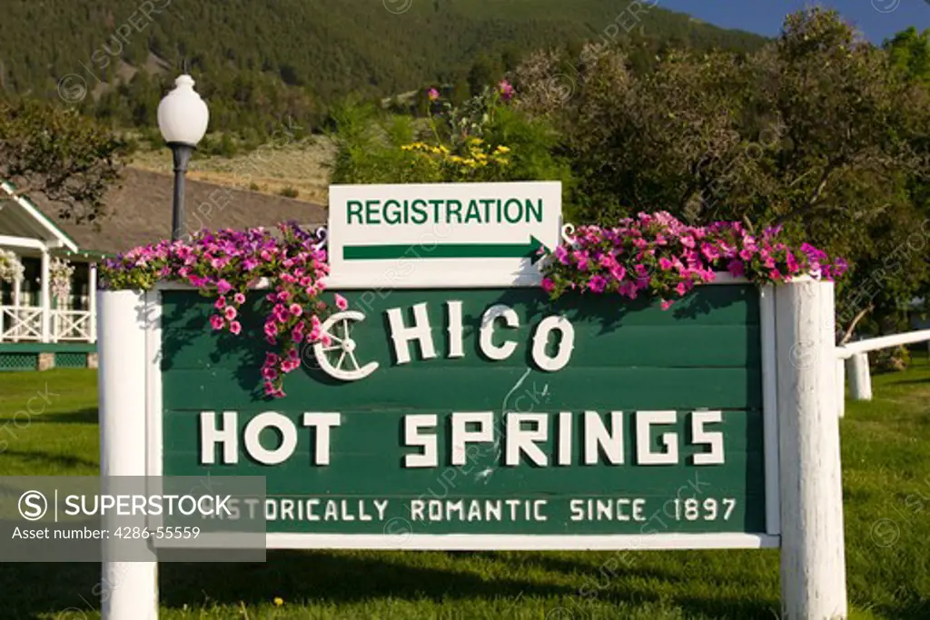 CHICO HOT SPRINGS, MONTANA, USA - Chico Hot Springs resort sign, featuring geothermic pools, in the Paradise Valley.