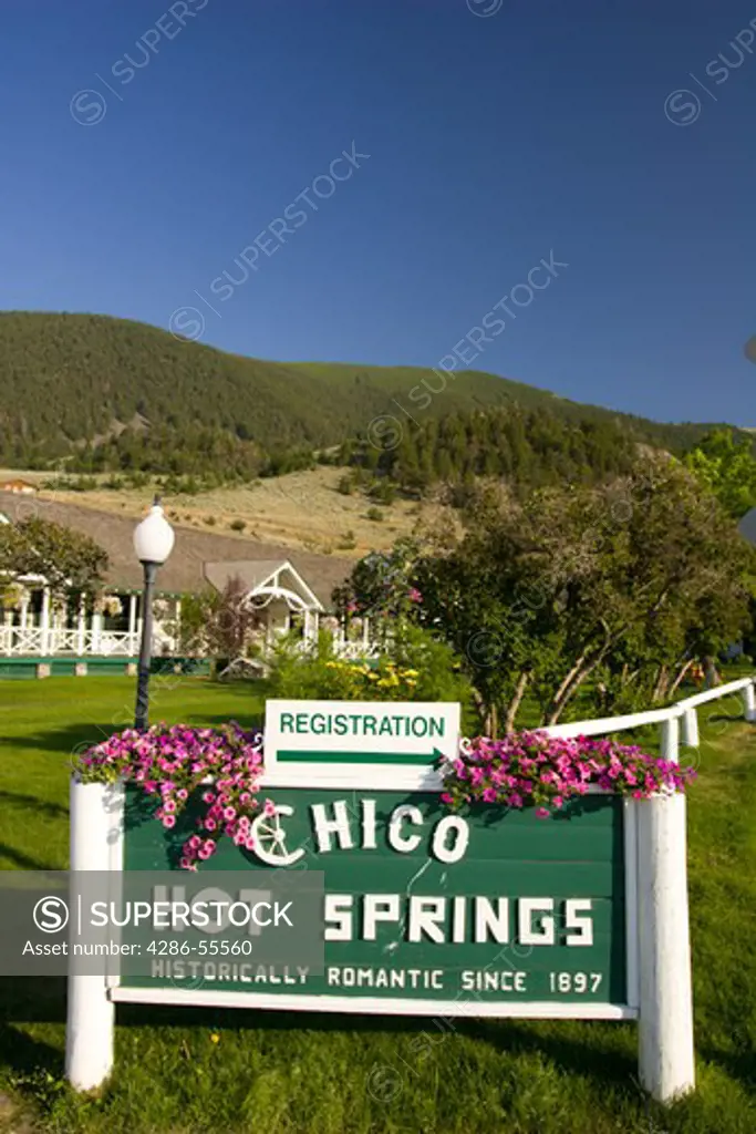 CHICO HOT SPRINGS, MONTANA, USA - Chico Hot Springs resort sign, featuring geothermic pools, in the Paradise Valley.