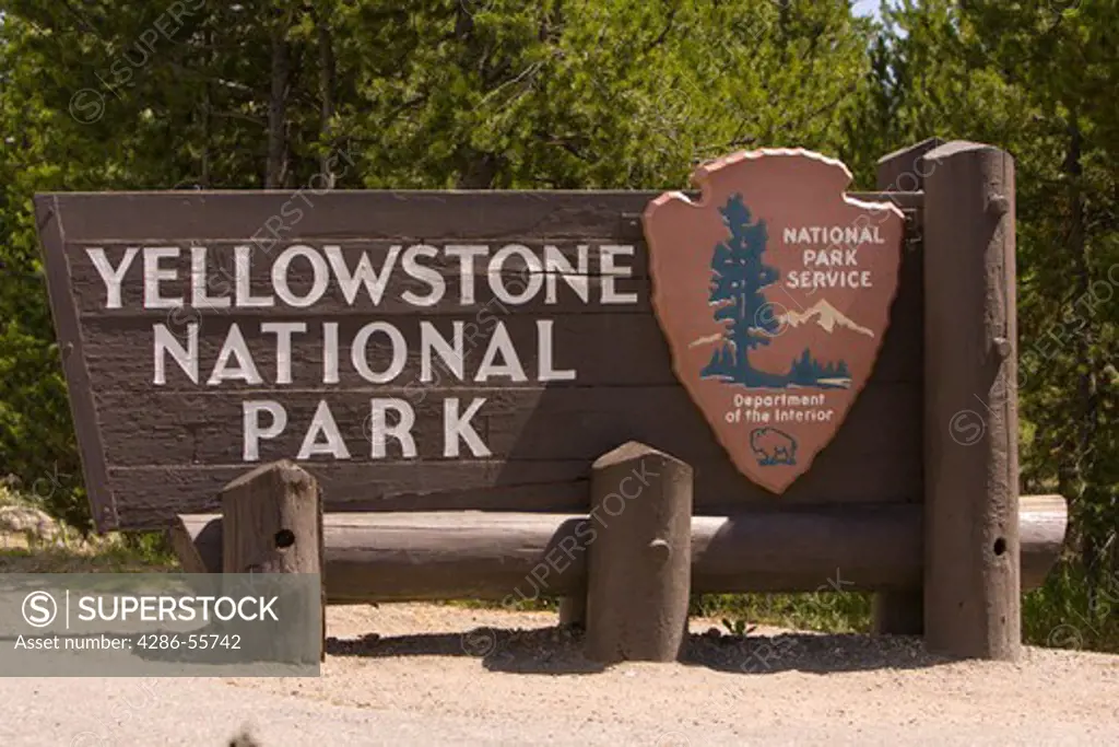 WYOMING, USA - Sign at west entrance to Yellowstone National Park.