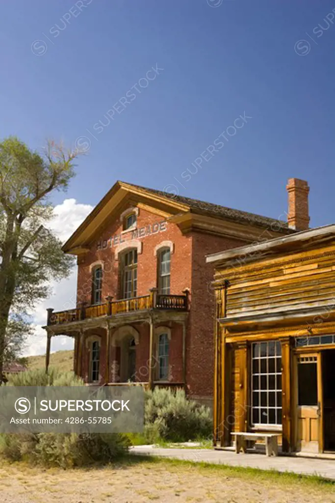 BANNACK, MONTANA, USA - Ghost town, in old gold mining settlement, Bannack State Park. Hotel Meade, left, and Skinners Saloon. Bannack was Montana's first territorial capital established in the 1860s.
