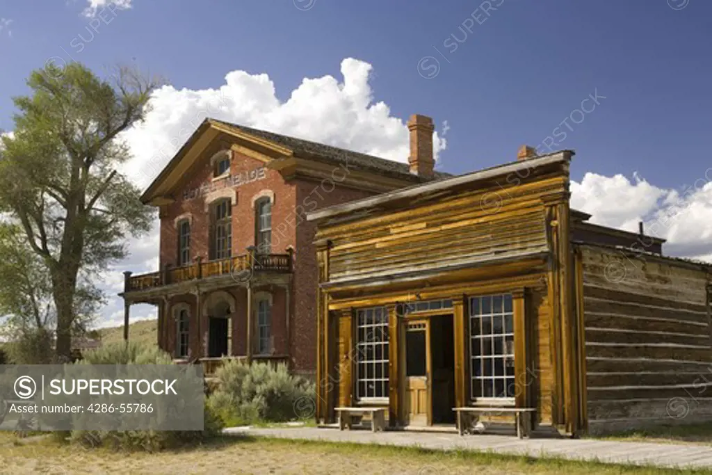 BANNACK, MONTANA, USA - Ghost town, in old gold mining settlement, Bannack State Park. Hotel Meade, left, and Skinners Saloon. Bannack was Montana's first territorial capital established in the 1860s.
