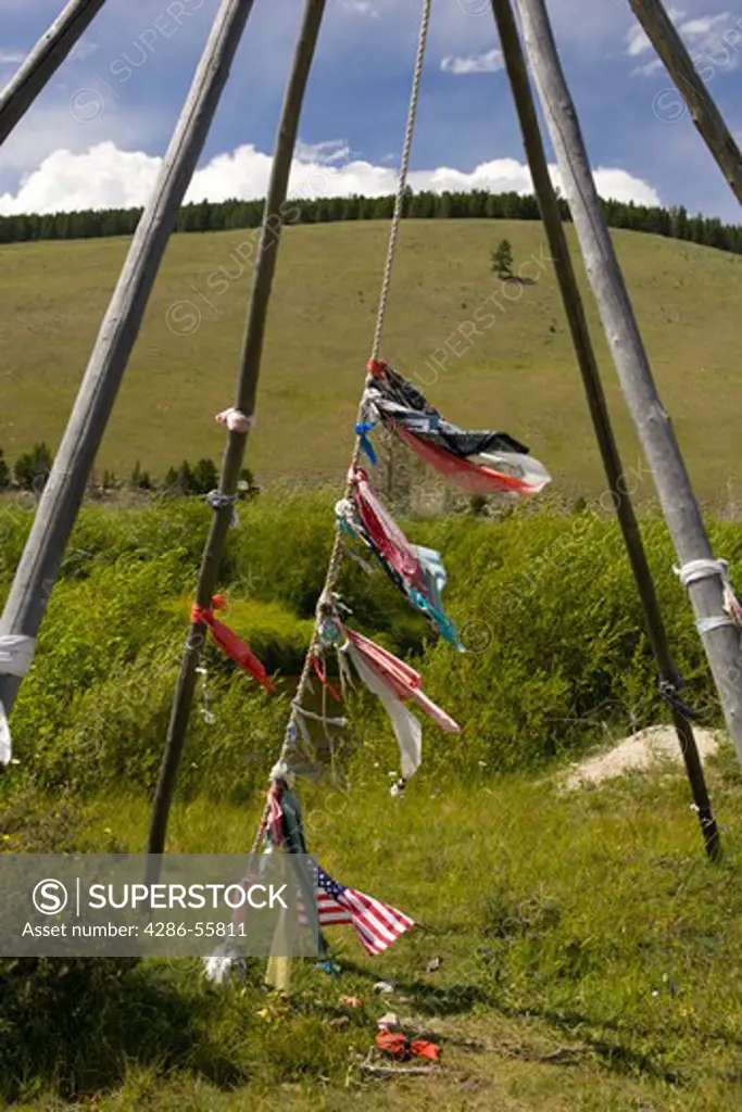 WISDOM, MONTANA, USA - Offerings on Chief Joseph tipi, at Big Hole National Battlefield, which memorializes the Nez Perce Indians and U.S. soldiers who fought at the Battle of Big Hole in  1877.