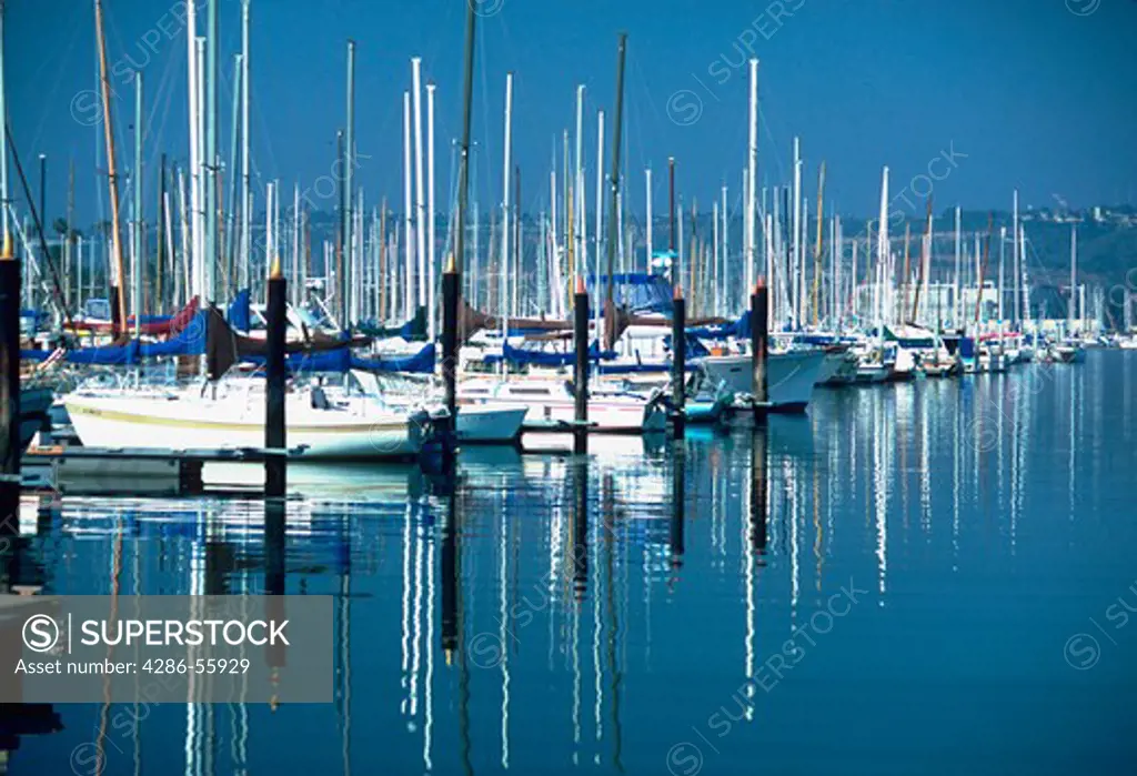 Sailboats docked in harbor in Point Loma, San Diego, California.