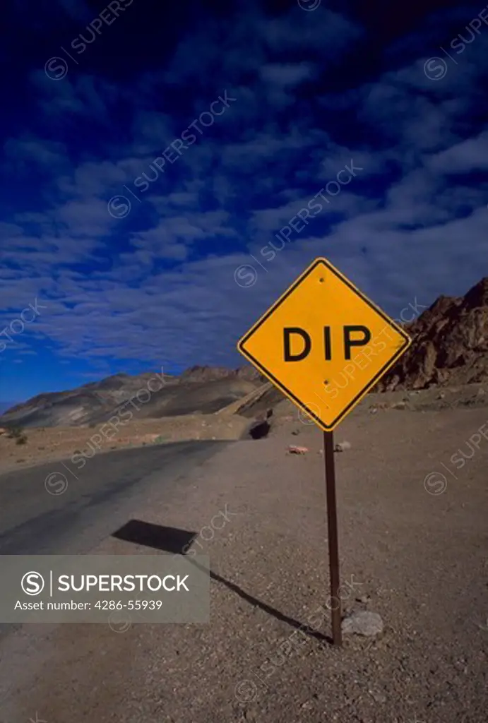 Dip road sign in Death Valley.