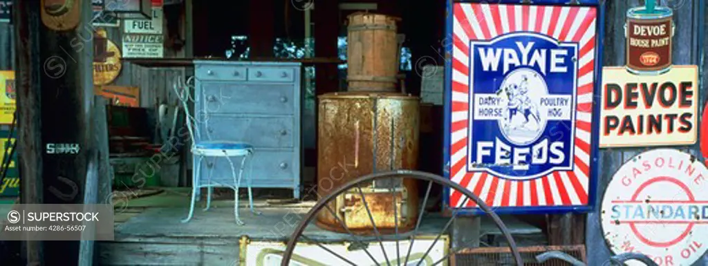 A roadside stand with vintage signs and antique furniture on the Eastern Shore of Maryland.