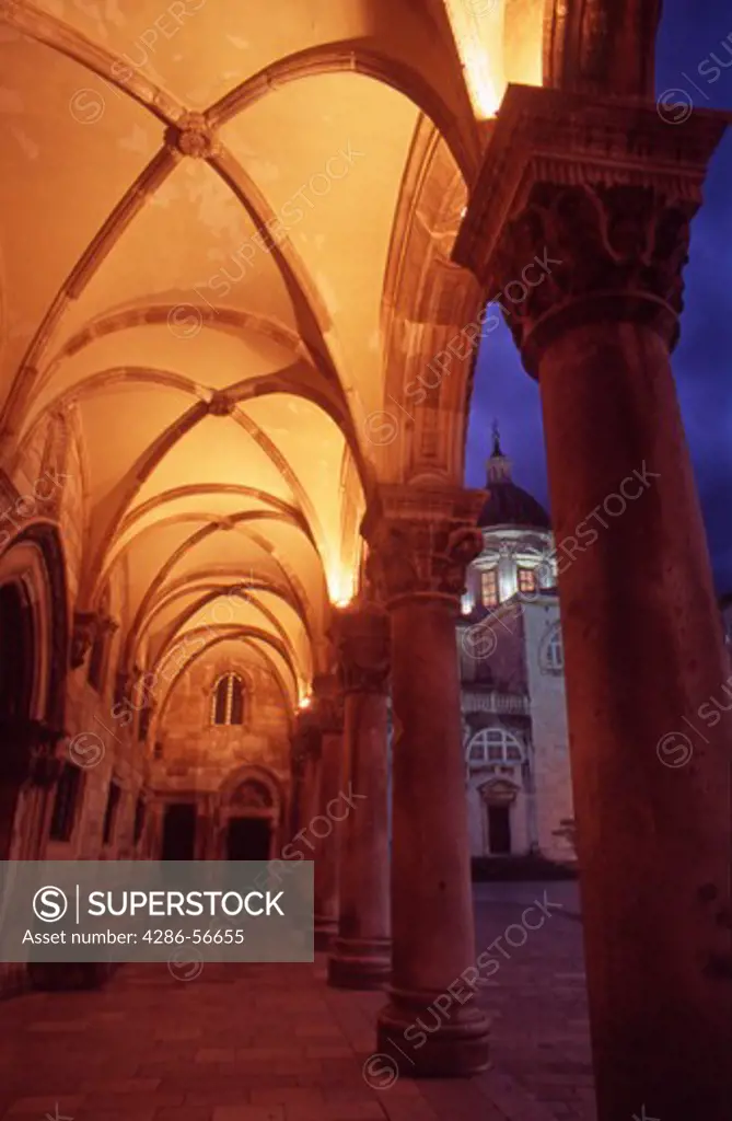 Vaulted roof of The Rectors Palace and Cathedral of the Assumption of the Virgin, illuminated at night.Dubrovnik Old Town. Croatia.