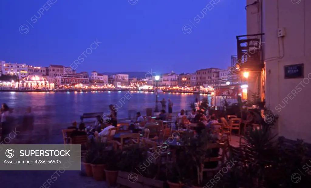 Greece. Western Crete. Chania harbour on a summer evening.