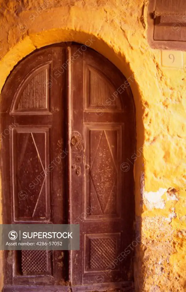 Greece. Dodecanese Islands. An Old Brown Wooden Door in Rhodes Old Town. 