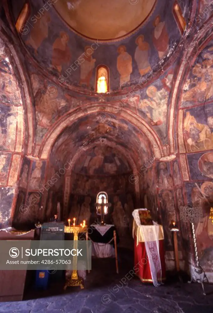 Greece. Dodecanese Islands. Rhodes. Inside the Byzantine Church of Saint Nicholas at Fountoukli.
