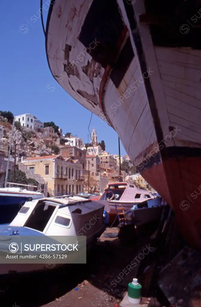 Greece. Dodecanese Islands. Symi. The traditional craft of boat building in Symi Town.