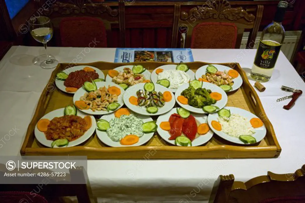 Traditional Meze food at a Fish Restaurant in the Kumkapi district of Istanbul, Turkey. Property Released