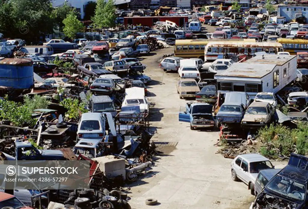 Aerial view of a car junkyard in the U.S..