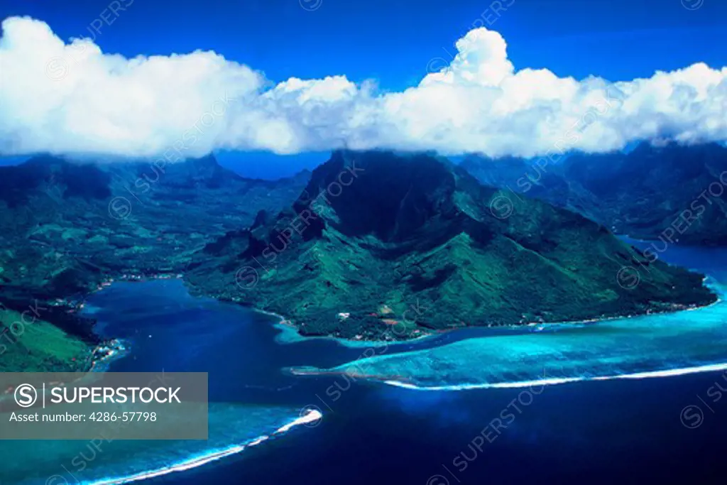 Aerial view of the blue waters off the Island of Morrea which is one of the Tahiti islands.