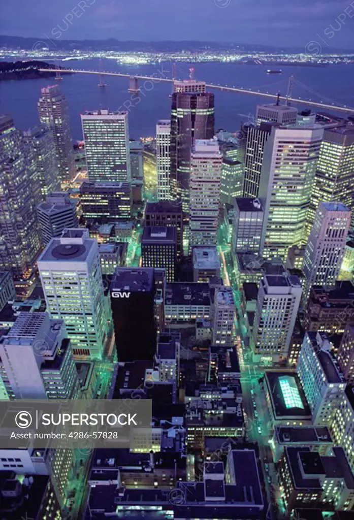 Aerial view of the San Francisco Financial District in California taken at night. 