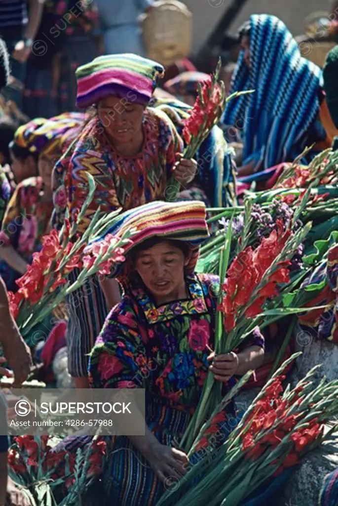 Maya women, dressed in traditional hand woven clothing, tend flowers for sale at weekly outdoor market, Chichicastenango, Guatemala, Central America
