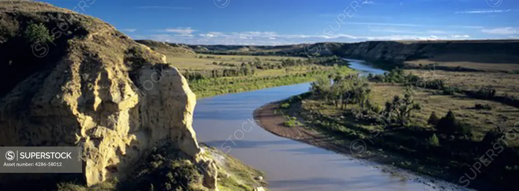 Little Missouri River meanders past eroded valley walls, Theodore Roosevelt National Park, North Dakota