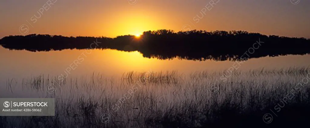 Sun rises over mangrove island on Nine Mile Pond, Everglades National Park, Florida