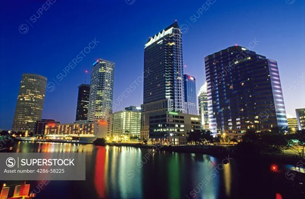 Tampa skyline at dusk, at entrance to Hillsborough River, Florida