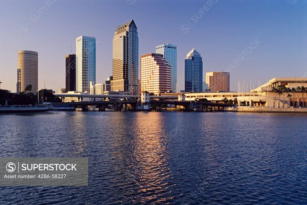 Tampa, FL, skyline reflects afternoon sun onto Hillsborough Bay
