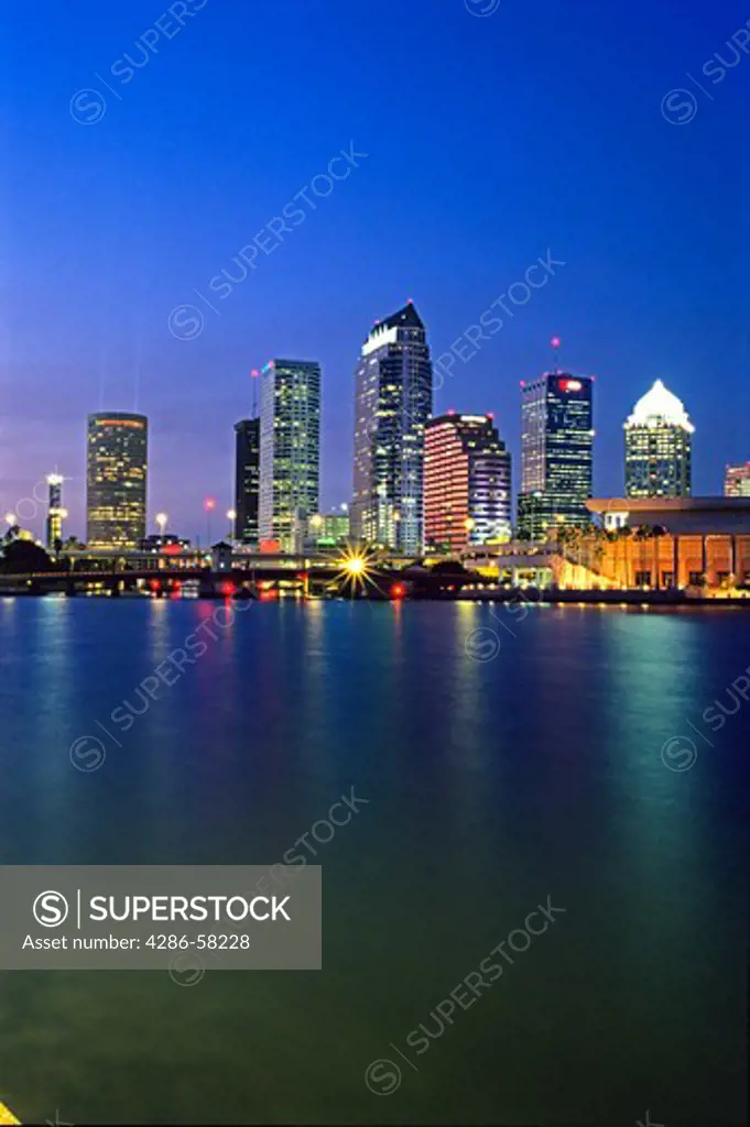 Tampa, Florida, evening skyline reflects in Hillsborough Bay