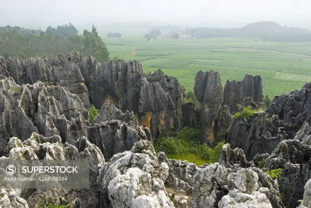 Eroded by water over millions of years, Karst limesone formations flank cropland at the Black Stone Forest, Shilin, Yunnan Province, China.