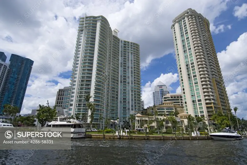 High rise office and condominium towers along the New River in downtown Ft. Lauderdale, FL.