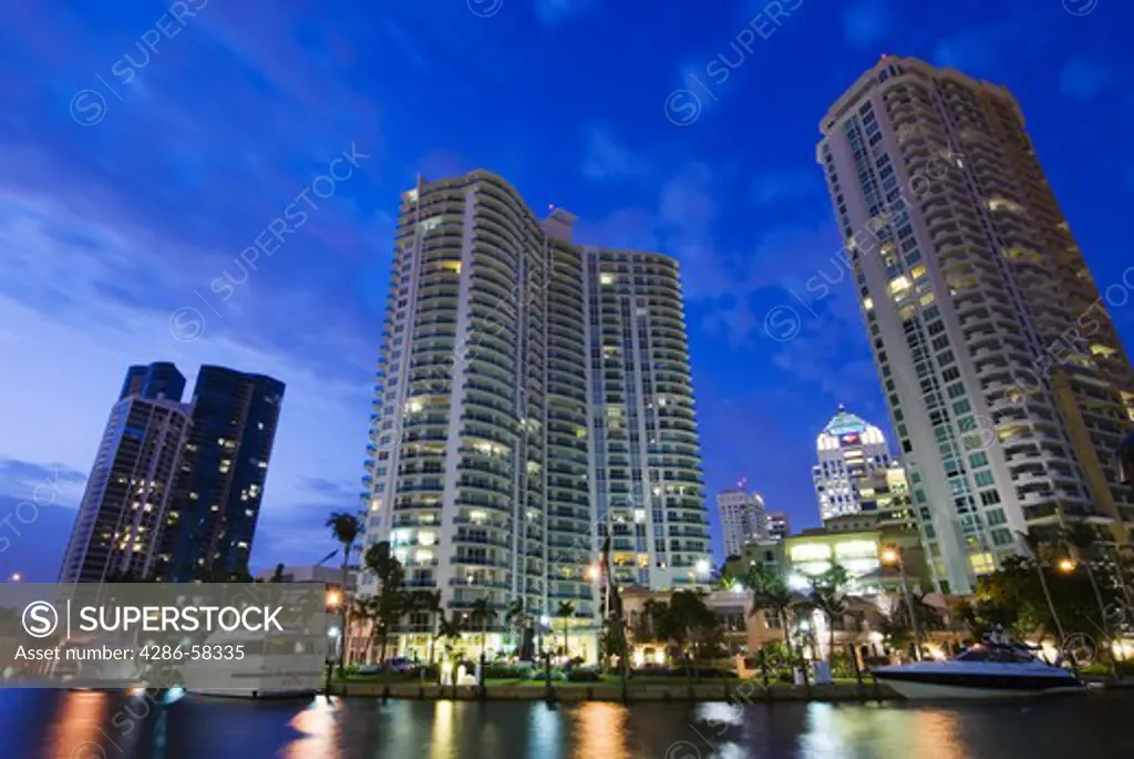 Along the New River in downtown Ft. Lauderdale, FL, at dusk.