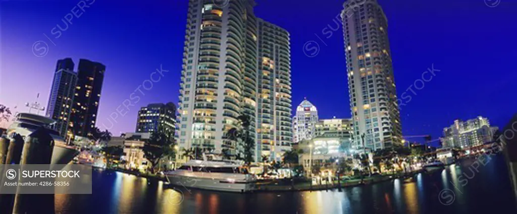 Along the New River in downtown Ft. Lauderdale, FL, at dusk. 