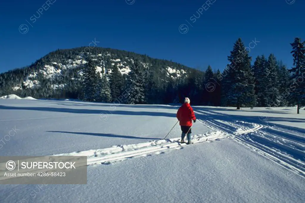 Person cross country skiing in Laurentians, Val David, Quebec.
