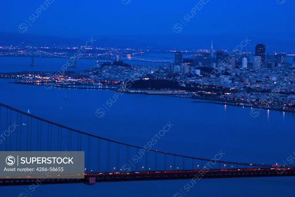 San Francisco with Golden Gate Bridge in foreground.