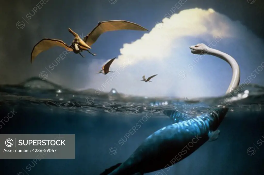 Flying Pterodactyls, and a swimming Plesiosaur.