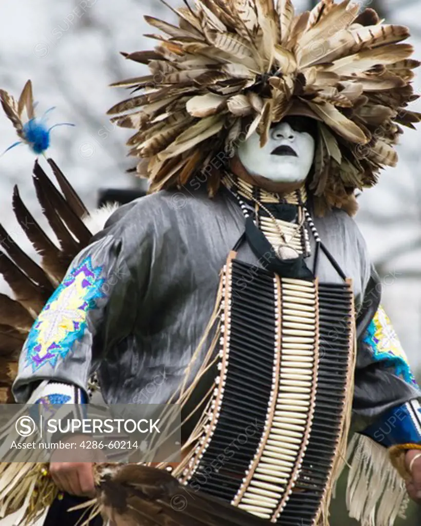 Charles Hankinson (Eagle Tail), a Native American from the Micmac tribe of Canada, dances in full traditional regalia at the Healing Horse Spirit PowWow. His face paint was giftedŒ to him by his grandfather. NOT MODEL RELEASED. EDITORIAL USE ONLY.