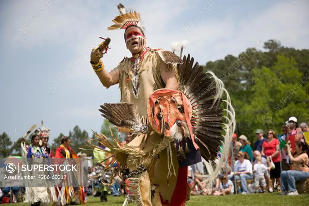 Native Americans dance in full traditional regalia at the 8th Annual Red Wing PowWow in Red Wing Park, Virginia Beach, Virginia. NOT MODEL RELEASED. EDITORIAL USE ONLY.