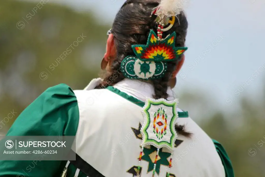 Native American beadwork is worn by a dancer at the 8th Annual Red Wing PowWow in Virginia Beach, Virginia. NOT MODEL RELEASED. EDITORIAL USE ONLY.