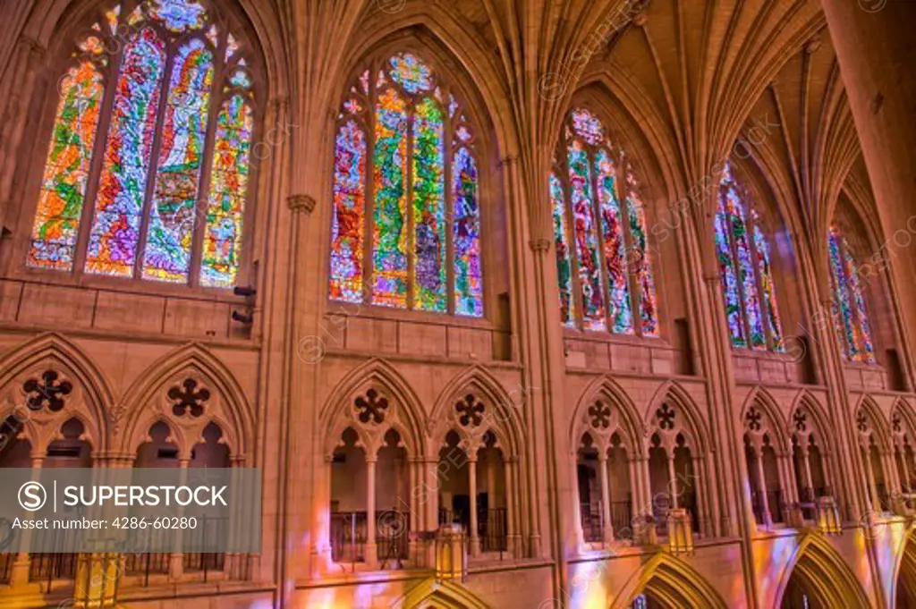 High-dynamic range imaging showcases the majesty and beauty of the architecture of the Washington National Cathedral in Washington, DC. NOT MODEL RELEASED. EDITORIAL USE ONLY.