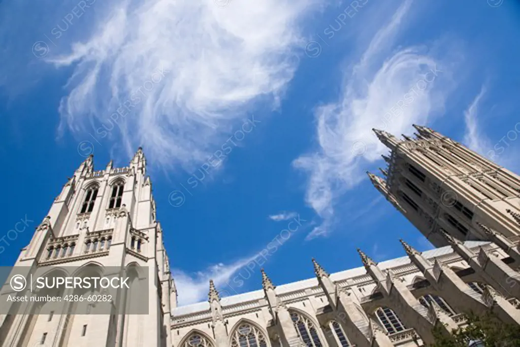 The turrets of the Washington National Cathedral in Washington, DC rise up toward the sky. NOT MODEL RELEASED. EDITORIAL USE ONLY.