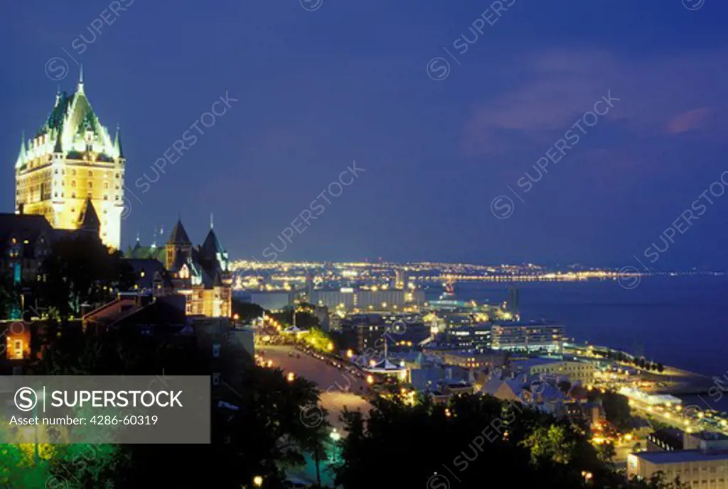 Quebec City, Quebec, Canada, View of Chateau Frontenac and Vieux Port (Old Port) along the St. Lawrence River (Fleuve Saint-Laurent) in Vieux Quebec (Old Quebec) in the evening from the Citadel.
