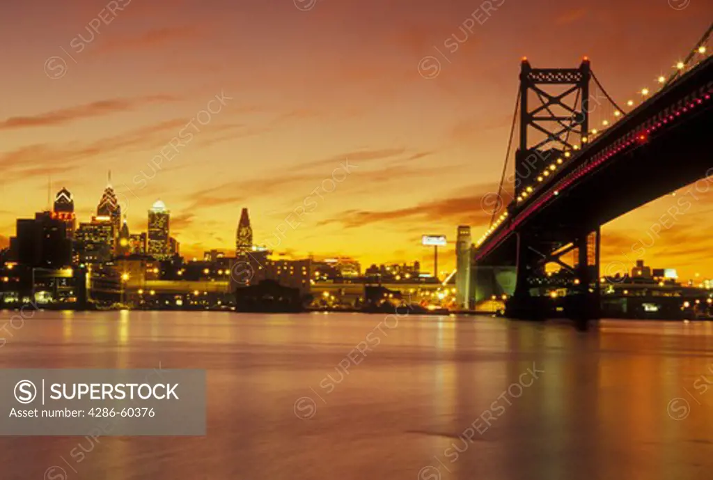 Philadelphia, PA, Pennsylvania, Ben Franklin Bridge, Delaware River, evening, skyline