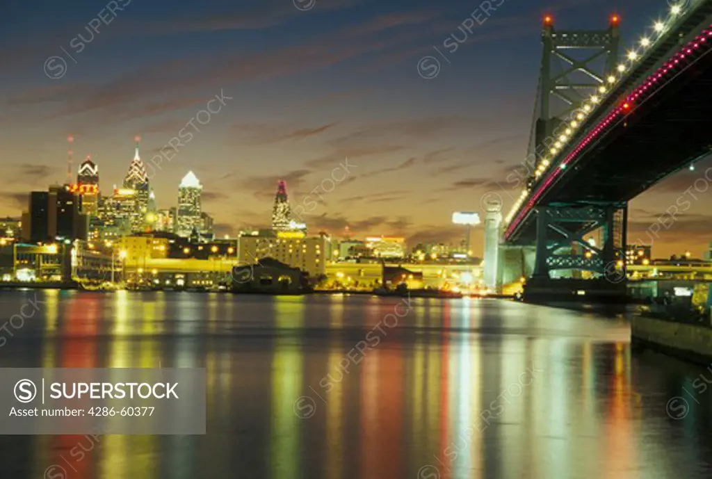 Pennsylvania, PA, Philadelphia, Ben Franklin Bridge, Delaware River, evening, skyline