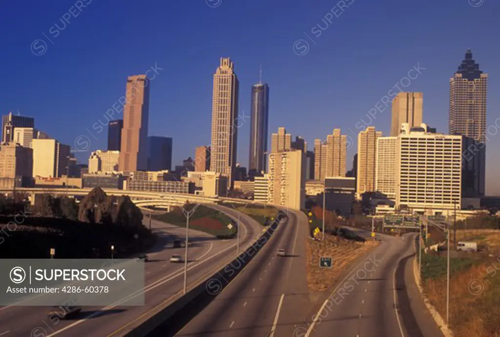 Atlanta, GA, Georgia, Downtown skyline, Freedom Parkway, expressway, road