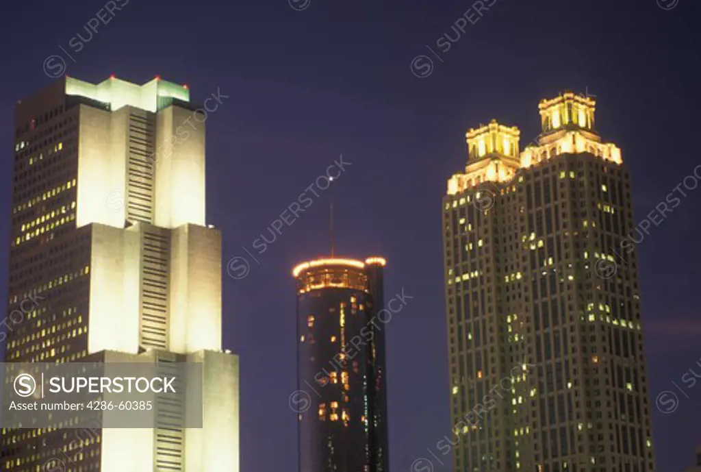 Atlanta, GA, Georgia, Georgia-Pacific, 191 Peachtree Tower, Westin Peachtree Plaza, downtown, high-rise buildings, evening