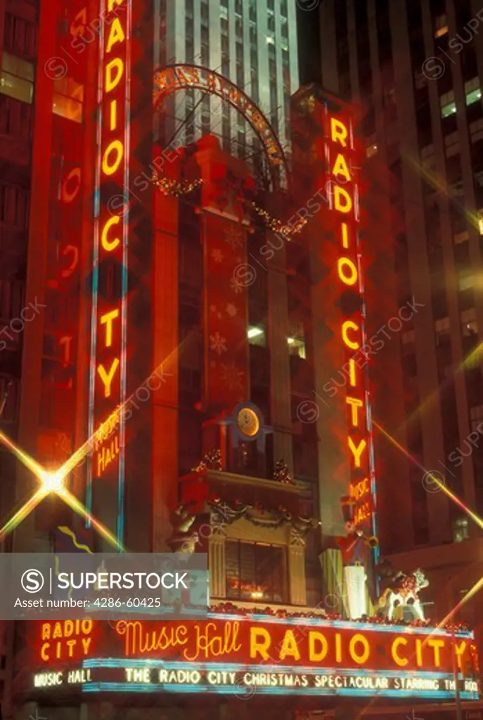 New York City, NY, New York, downtown, Radio City Music Hall, Christmas Spectacular, neon lights, evening