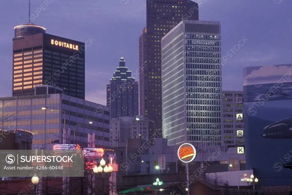 Atlanta, GA, Georgia, Underground Atlanta,  downtown skyline, evening