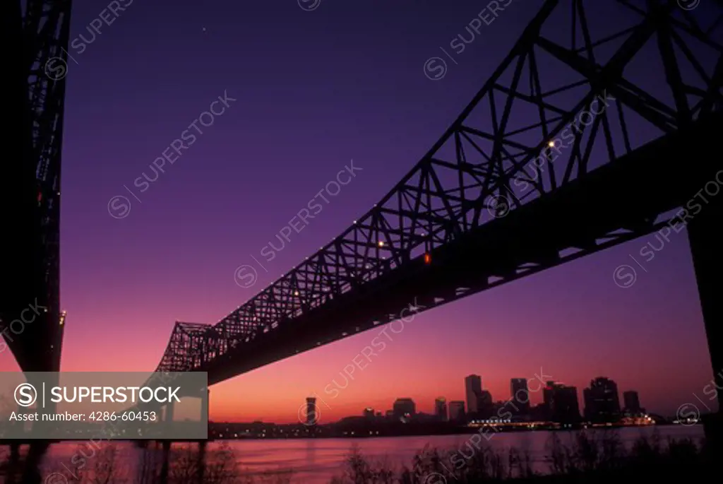 New Orleans, LA, Louisiana, Mississippi River, Greater New Orleans Bridge, evening, skyline