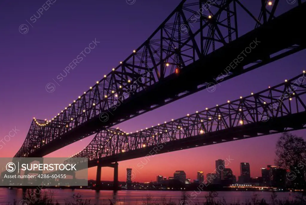 New Orleans, LA, Louisiana, Mississippi River, Greater New Orleans Bridge, evening, skyline