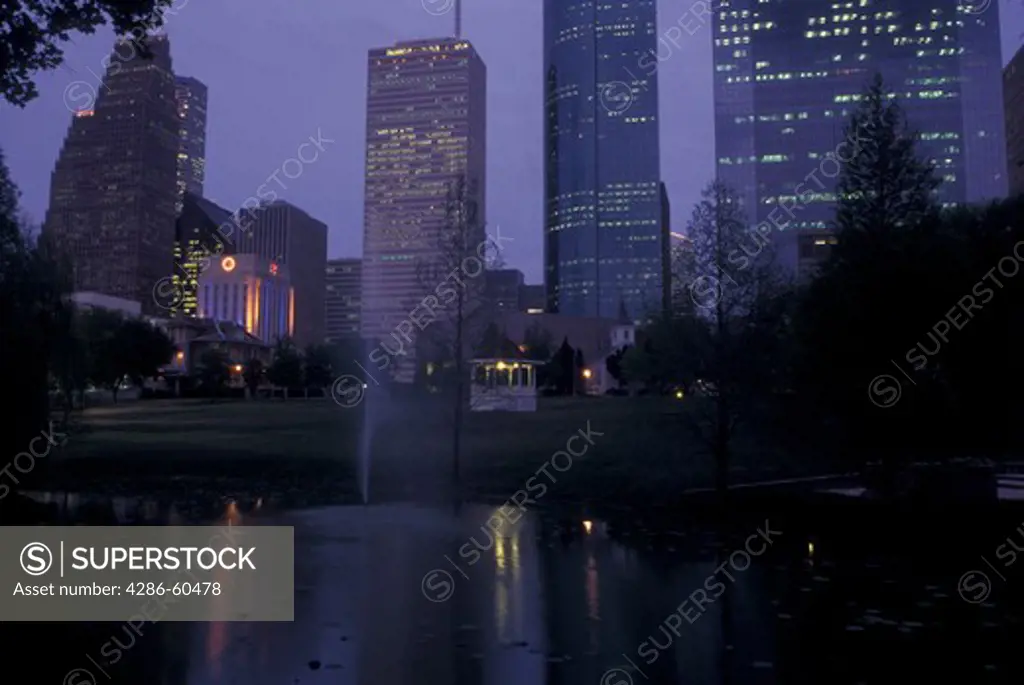 Houston, TX, Texas, Skyline of downtown Houston from Sam Houston Historical Park, evening