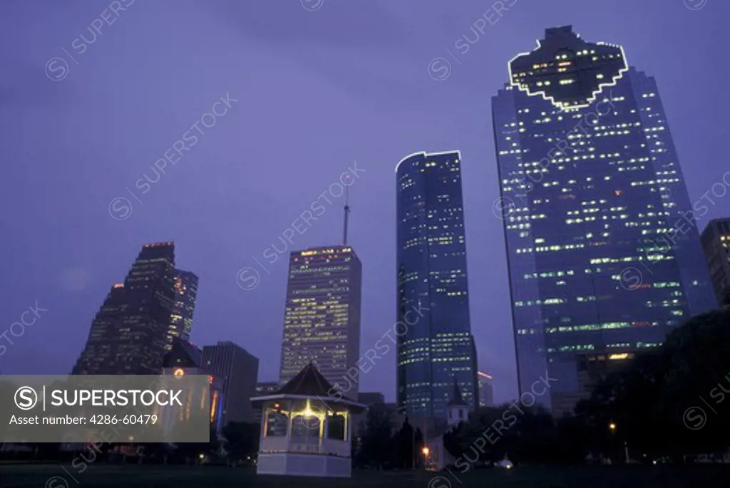 Houston, TX, Texas, downtown, Sam Houston Park, evening