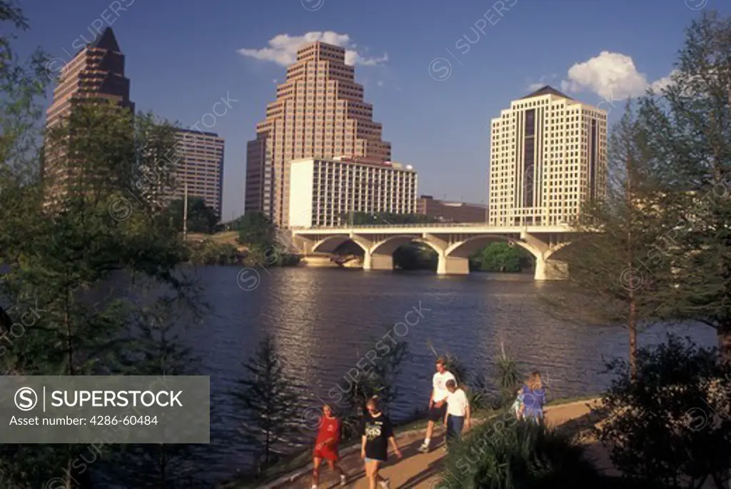 Austin, TX, Texas, Colorado River, downtown skyline, riverfront park