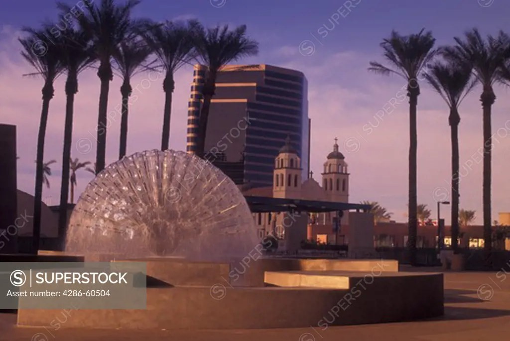 Phoenix, AZ, Arizona, downtown, Fountain at Symphony Hall & St. Mary's Basilica