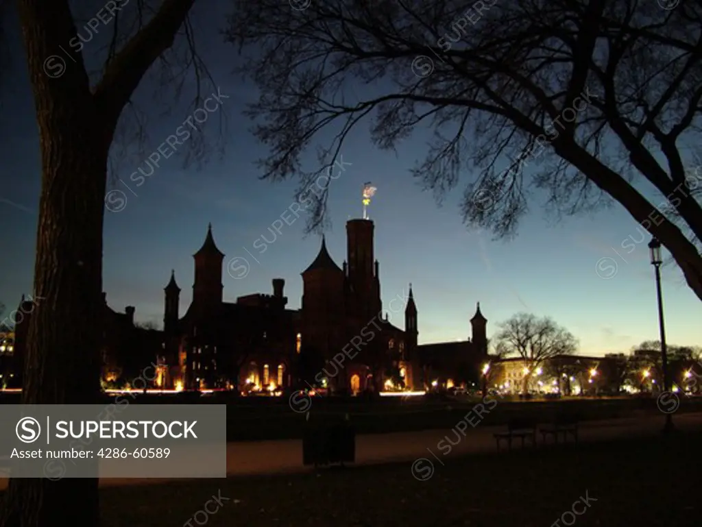 Washington, DC, District of Columbia, D.C., Smithsonian Institute buildings, The Castle, National Mall, evening